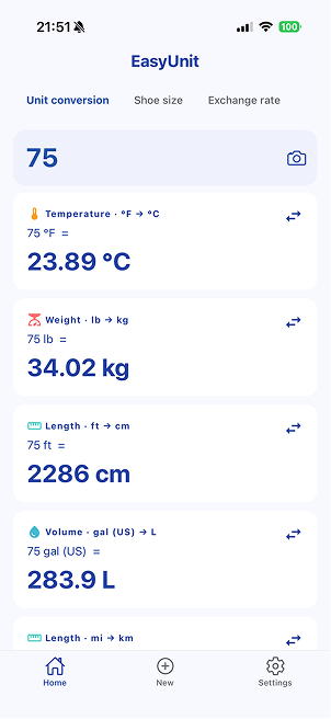 EasyUnit home screen with unit, shoe size, and currency conversion cards